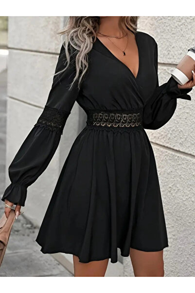 ARONA Women's Long Sleeve Double Breasted Collar Lace Zipper Detailed Short Imported Crepe Dress