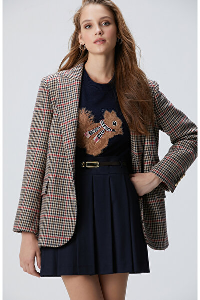 Network Lacivert Kahverengi Kadın Kazayağı Yün Karışımlı Ceket