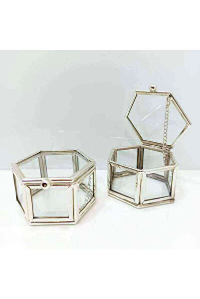 RetroLazer Metal Altıgen Cam Kutu Yüzük Kutusu 7x7x5 Gümüş 1 Adet