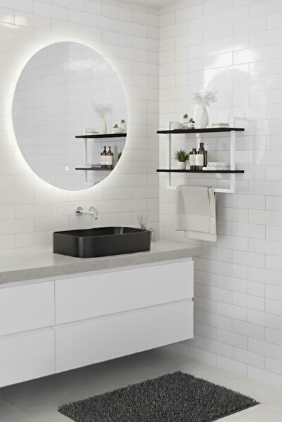 Euromob 60x20 cm Banyo Rafı Duvara Monte Havluluk 2 Katlı Dekoratif Düzenleyici Organizer Beyaz Metal