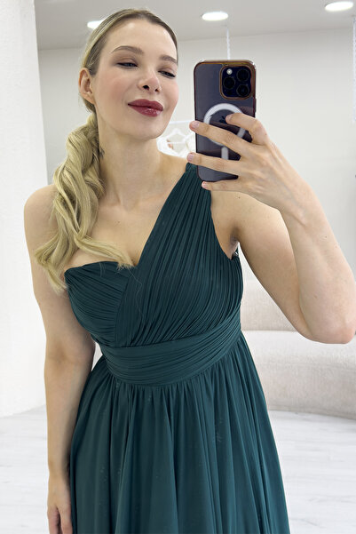 thezkscom Women's One Shoulder Pleated Flared Evening Dress Navy Blue, Black, Red, Emerald Green, Dusty Rose