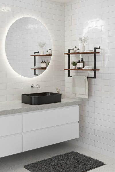 Euromob 40x20 cm Banyo Rafı Duvara Monte Havluluk 2 Katlı Dekoratif Düzenleyici Organizer Siyah Metal