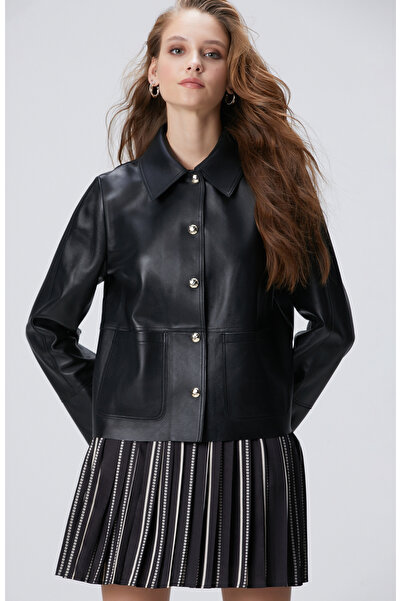 Network Siyah Çıtçıt Kapama Deri Mont