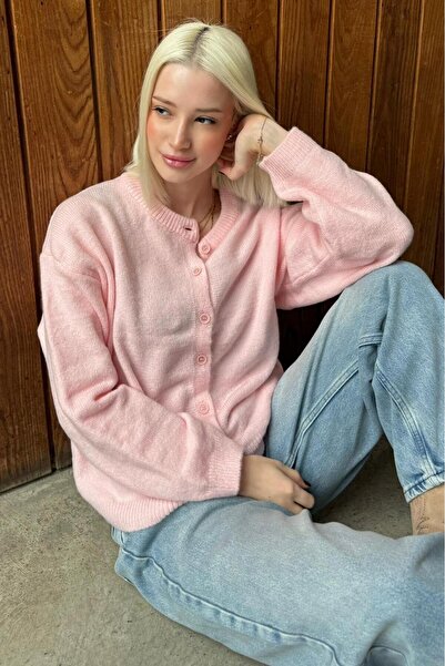 Madmext Pink Comfortable Fit Buttoned Knitwear Women's Cardigan Mg2552
