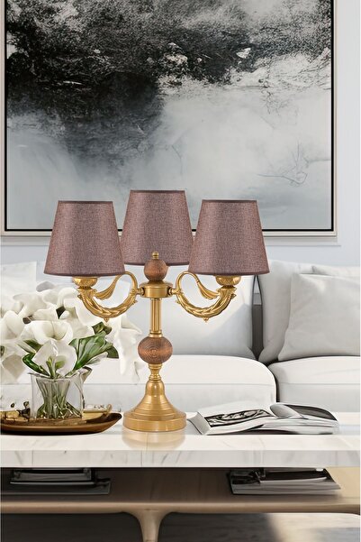 DEDE ÜÇLÜ ŞAMDAN MASA LAMBASI ABAJUR ESKİTME KAHVERENGİ ŞAPKALI