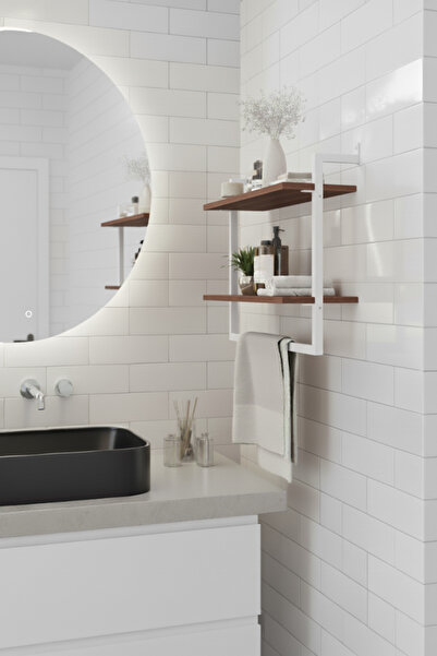 Euromob 60x20 cm Banyo Rafı Duvara Monte Havluluk 2 Katlı Dekoratif Düzenleyici Organizer Beyaz Metal