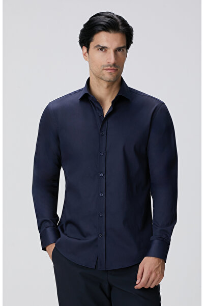 Network Slim Fit Lacivert Pamuk Saten Gömlek