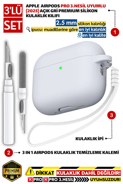 EWEC Pro 3.Nesil Uyumlu Açık Gri Premium Silikon Kılıf, Kulaklık İpi Ve 3'ü 1...