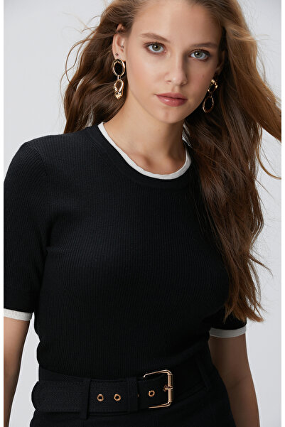 Network Siyah Çift Renkli Kısa Kol Triko Kazak