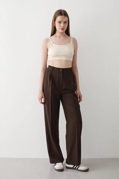 JASTE Γυναικείο παντελόνι Bitter Brown με ελαστική μέση και φαρδιά πόδια παντελόνι palazzo