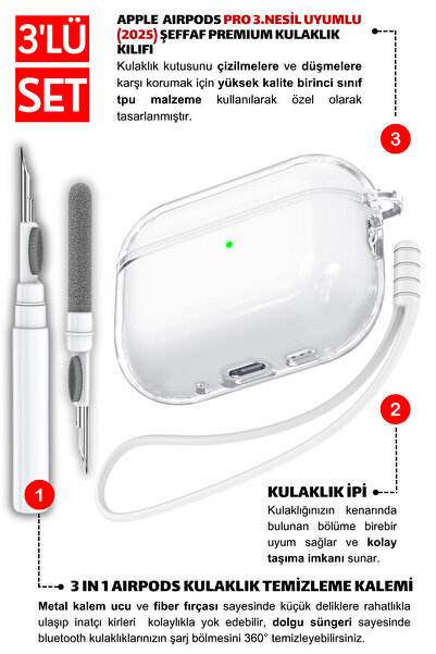 EWEC Pro 3.Nesil Uyumlu Şeffaf Premium Kulaklık Kılıfı, Kulaklık İpi ve 3'ü 1 Arada Temizleme Kalemi Seti