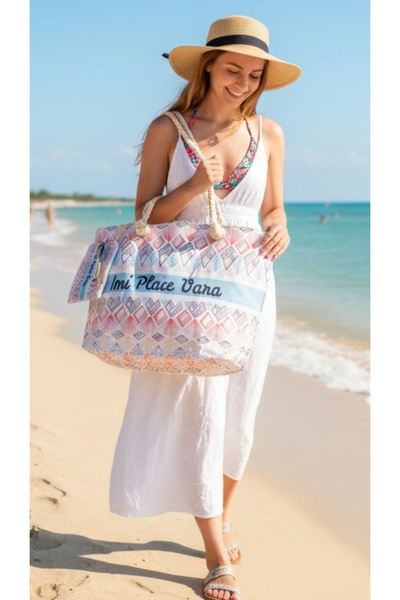 OEM Μεγάλη τσάντα παραλίας με καλοκαιρινό σχέδιο και ασορτί πορτοφόλι