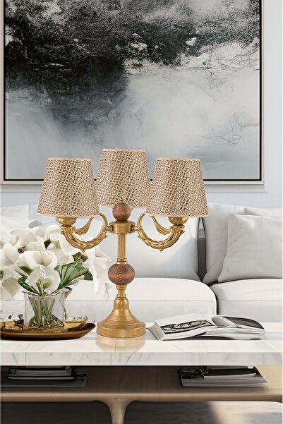 DEDE ÜÇLÜ ŞAMDAN MASA LAMBASI ABAJUR ESKİTME KAHVERENGİRATTAN HASIR ŞAPKALI