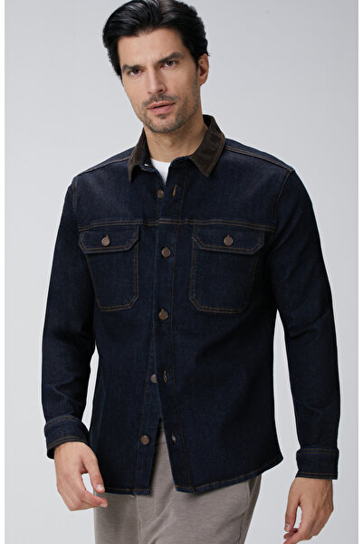 Network Lacivert Yakası Kadife Denim Gömlek