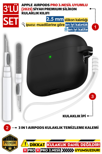 EWEC Pro 3.Nesil Uyumlu Siyah Silikon Kulaklık Kılıfı, Kulaklık İpi Ve 3'ü 1 ...