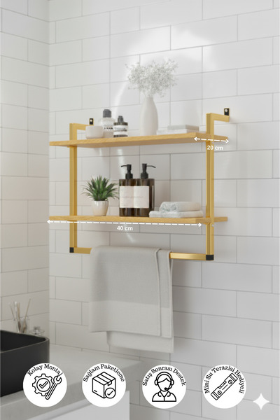 Euromob 40x20 cm Banyo Rafı Duvara Monte Havluluk 2 Katlı Dekoratif Düzenleyici Organizer Gold Metal