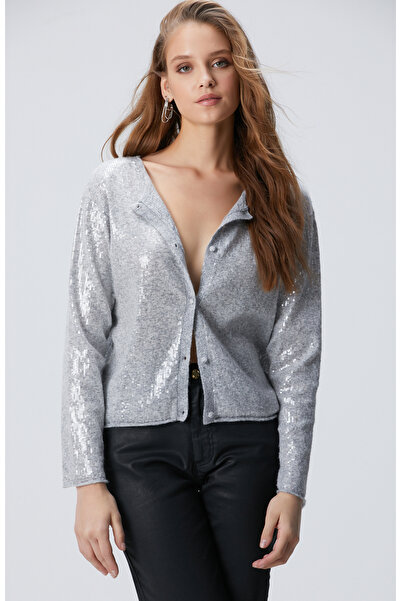 Network Açık Gri Melanj Payetli Hırka