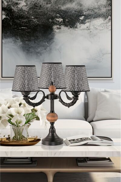 DEDE ÜÇLÜ ŞAMDAN MASA LAMBASI ABAJUR SİYAH SİYAH RATTAN HASIR ŞAPKALI