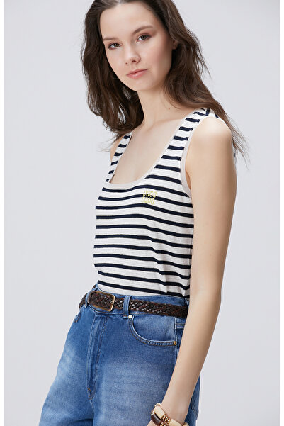 Network Lacivert Beyaz Keten Karışımlı T-shirt