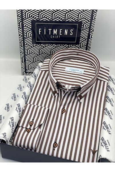 Fitmens Slim Fit Long Sleeve Lycra Striped Collar Buttoned Gift Boxed Men's Shirt Fs-003669 - Brown