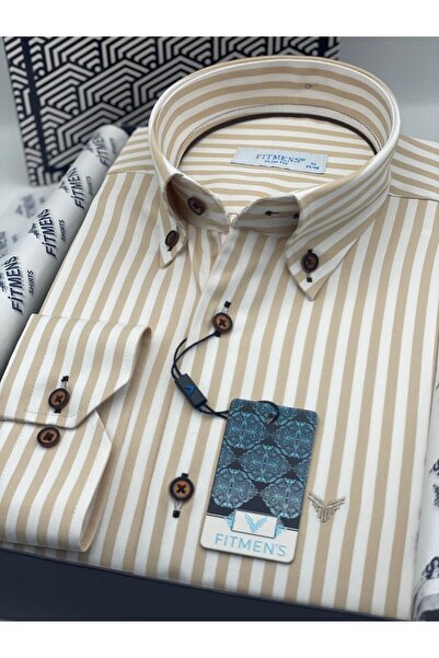 Fitmens Slim Fit Uzun Kol Likralı Çizgili Yaka Düğmeli Hediye Kutulu Erkek Gömlek FS-003669 - Bej