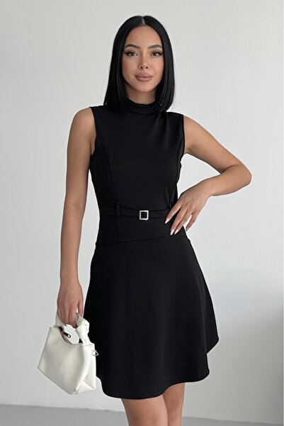 ALFUDO Moda Collection Bisiklet Yaka Kemer Aksesuar Siyah Elbise