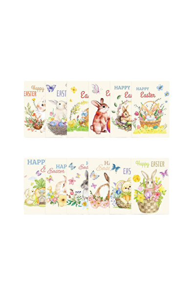 Rotixfy Set 12 Greeting Cards for Easter – Thematic Decorations with Bunnies, Eggs, and Baskets with Flowe