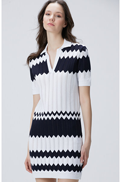 Network Lacivert Beyaz Midi Elbise