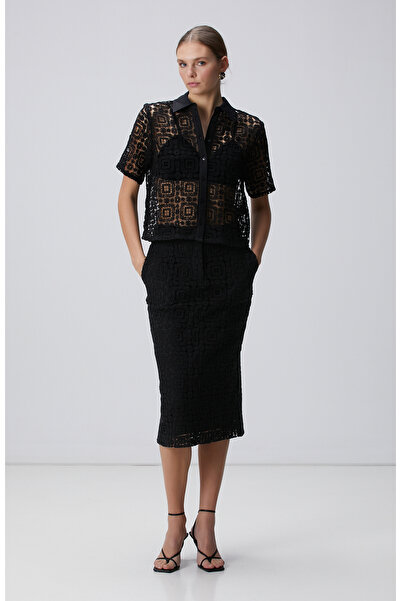 Network Siyah Midi Kroşe Kalem Etek