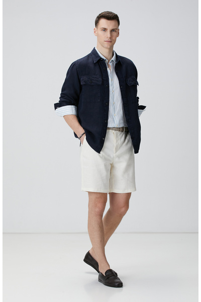 Network Mavi Beyaz Keten Gömlek