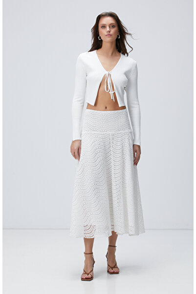 Network Beyaz Güpürlü Midi Etek