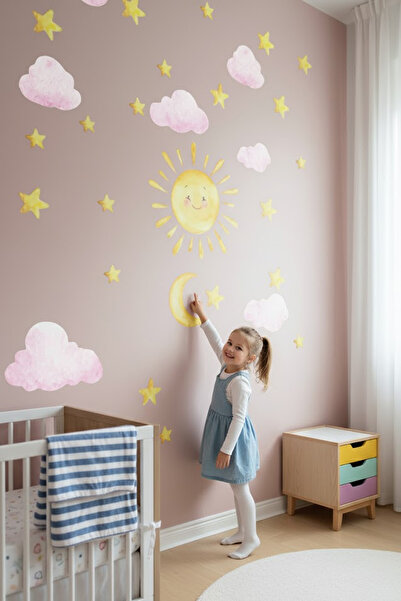 Kt Grup مجموعة ملصقات حائط بألوان مائية وسحاب الشمس والنجوم والقمر