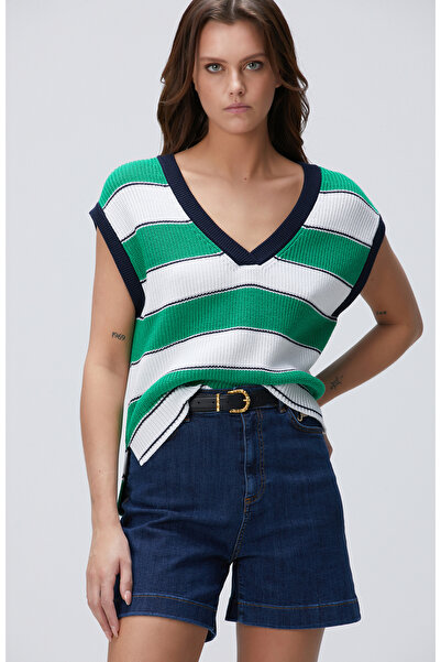 Network Yeşil Beyaz Çizgili Süveter