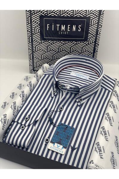 Fitmens Slim Fit Long Sleeve Lycra Striped Collar Buttoned Gift Boxed Men's Shirt Fs-003669 - Navy Blue