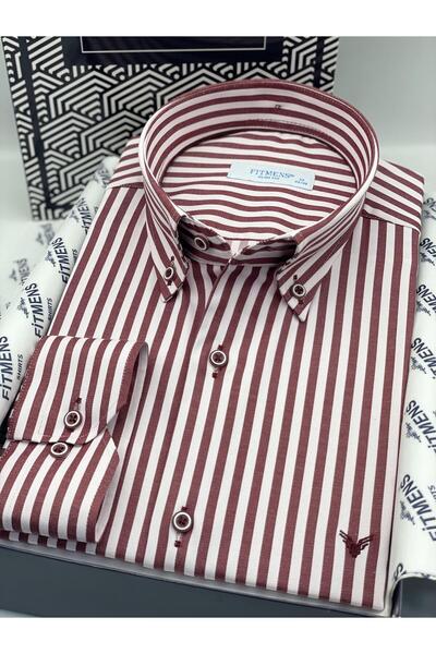 Fitmens Slim Fit Long Sleeve Lycra Striped Collar Buttoned Gift Boxed Men's Shirt Fs-003669 - Burgundy