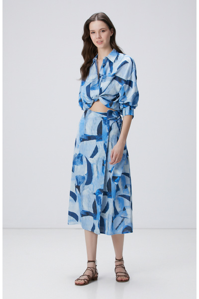 Network Lacivert Mavi Desenli Keten Etek