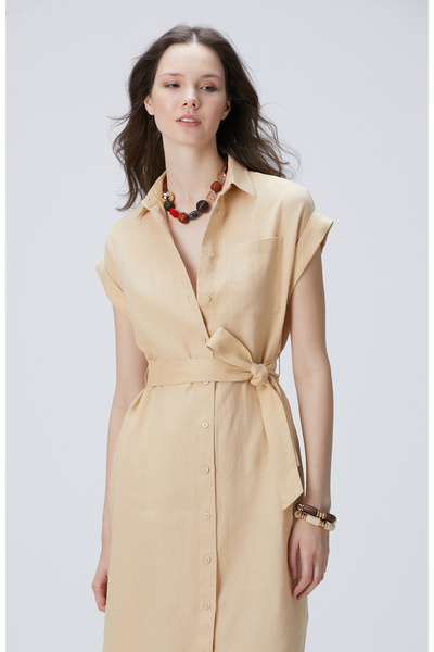 Network Bej Keten Midi Elbise