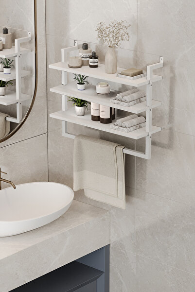 Euromob 3 Raflı Beyaz Banyo Rafı | Beyaz Profil | Havluluk | 60x20 Ebatında Ahşap