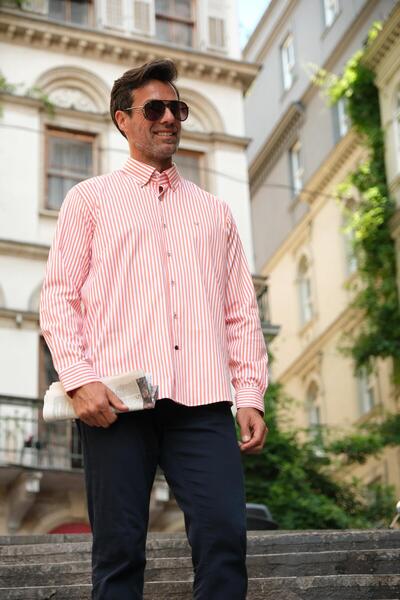 Fitmens Slim Fit Long Sleeve Lycra Striped Collar Buttoned Gift Boxed Men's Shirt Fs-003669 - Orange