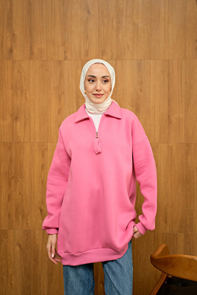 LOCCO Ροζ γυναικείο φούτερ - Λεπτομέρεια με μισό φερμουάρ