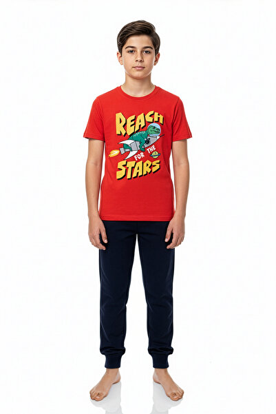 Little Frog Cotton Short Sleeve Pocketed Leg Band Boys Pajama Set | Red