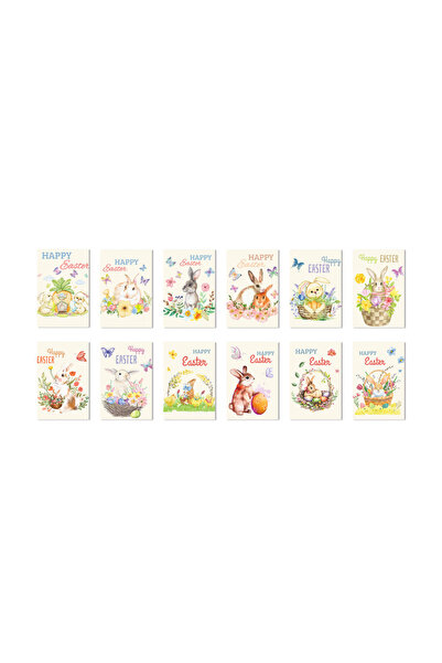 Rotixfy Set 12 Greeting Cards for Easter – Thematic Decorations with Bunnies, Eggs, and Baskets with Flowe