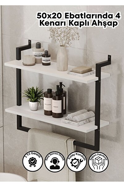 Euromob 50x20 cm Banyo Rafı Duvara Monte Havluluk 2 Katlı Dekoratif Düzenleyi...