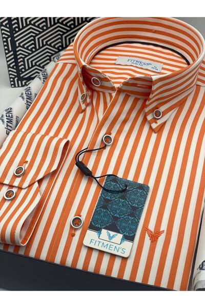 Fitmens Slim Fit Long Sleeve Lycra Striped Collar Buttoned Gift Boxed Men's Shirt Fs-003669 - Orange