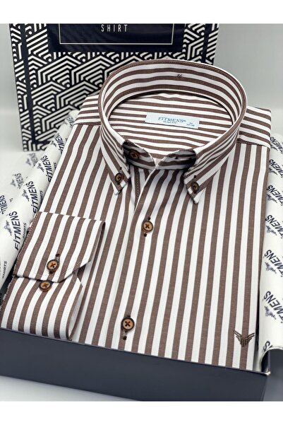 Fitmens Slim Fit Long Sleeve Lycra Striped Collar Buttoned Gift Boxed Men's Shirt Fs-003669 - Brown