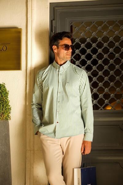 Fitmens Slim Fit Long Sleeve Lycra Striped Collar Buttoned Gift Boxed Men's Shirt Fs-003669 - Green