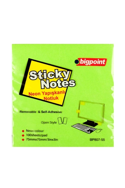 Bigpoint Adhesive Note Paper 75X75Mm Neon Green X 12 Pieces