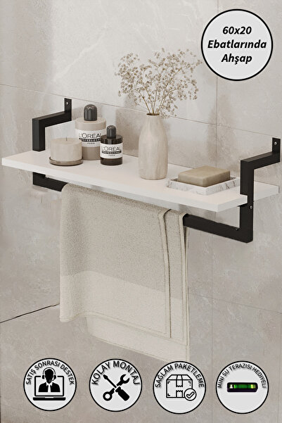 Euromob Tek Raflı Beyaz Banyo Rafı, Havluluk | Siyah Profil | 60x20 Ebatında ...