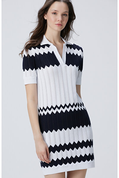 Network Lacivert Beyaz Midi Elbise