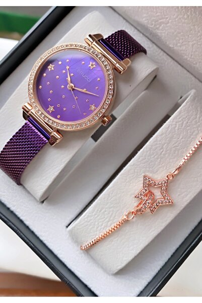 Ferrucci Marka- Mor Renk- Çelik Kordon -2 Yıl Garantili -Kadın Kol Saati - Bileklik Hediyeli